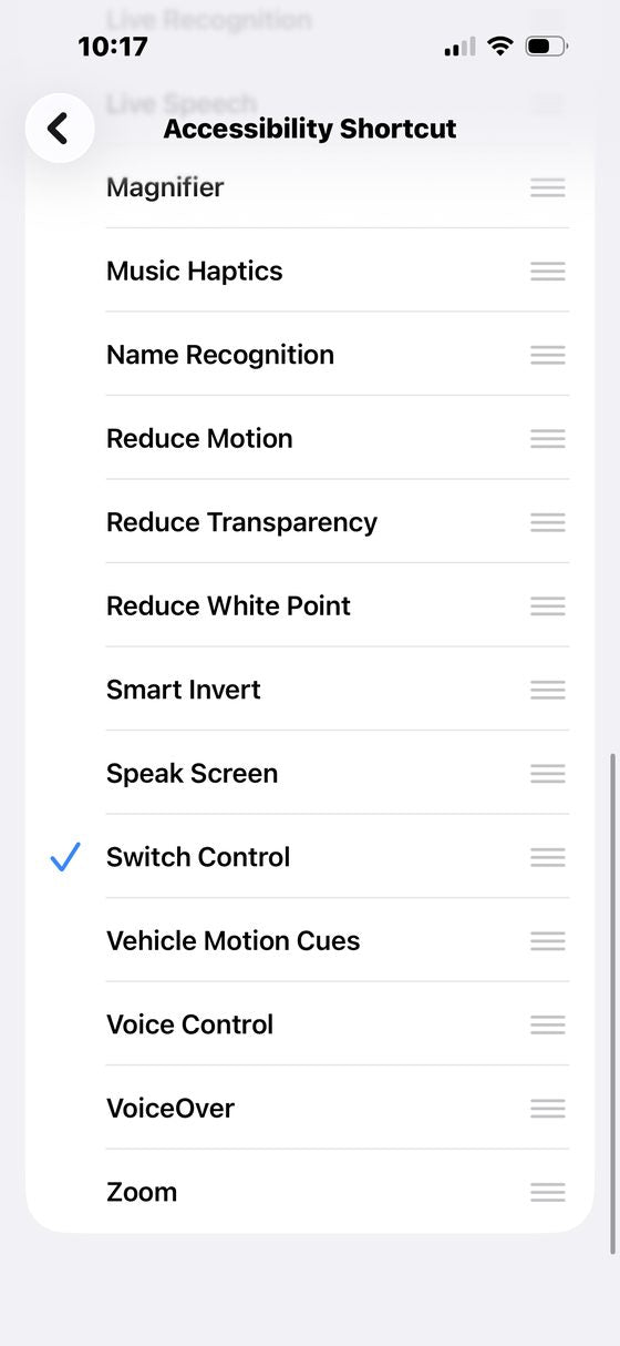 Accessibility Shortcut list with Switch Control ticked