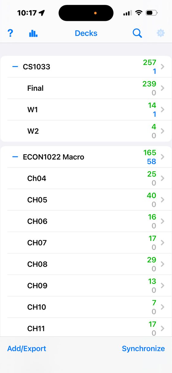 Anki decks screen, gear icon top right