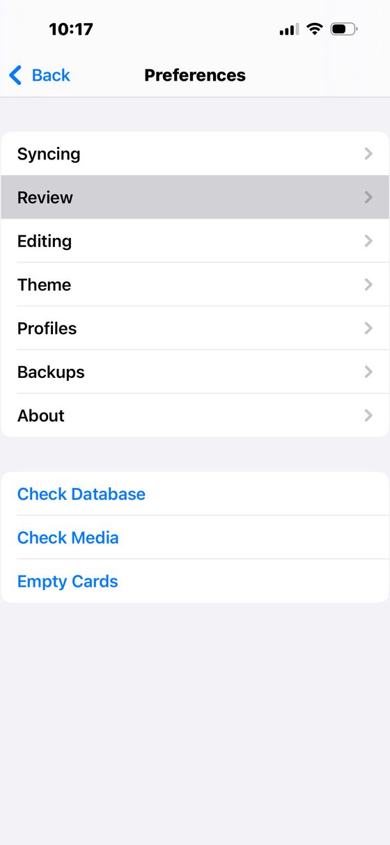 Preferences menu with Review highlighted