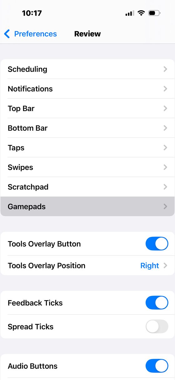 Review settings with Gamepads highlighted