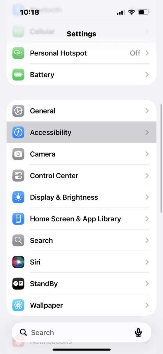 iOS Settings with Accessibility highlighted