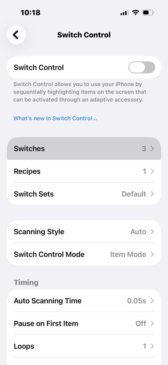 Switch Control menu with Switches highlighted