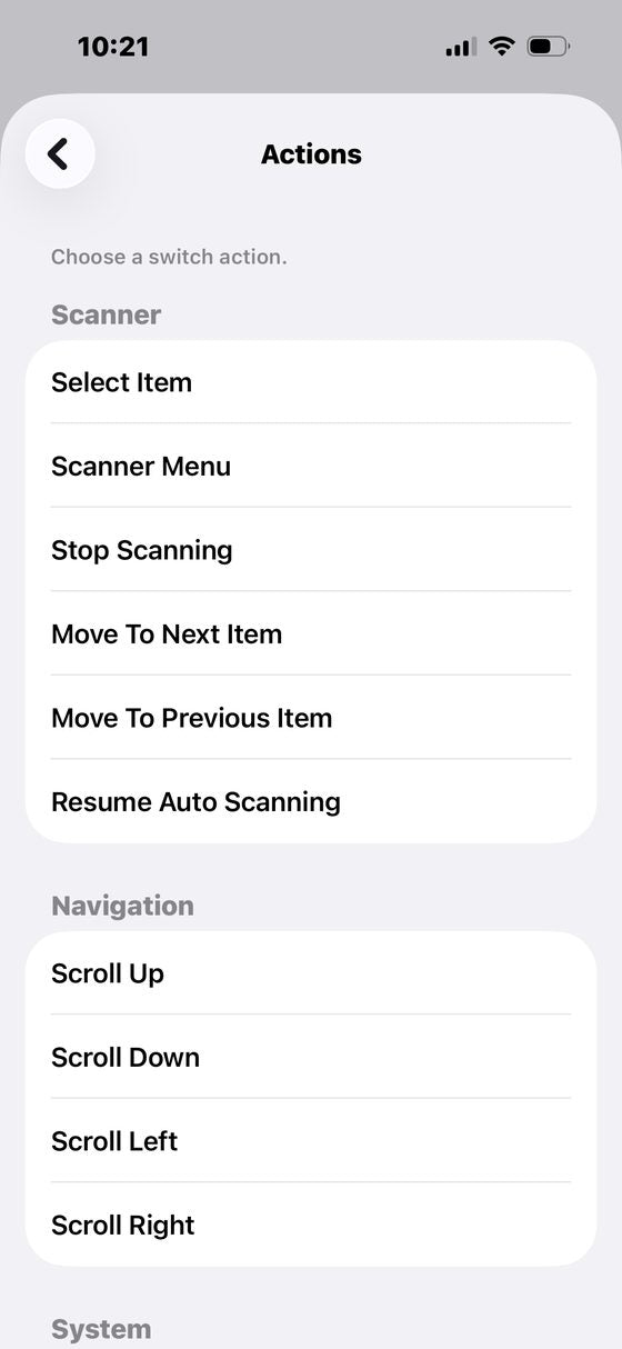 Actions list with Select Item at the top
