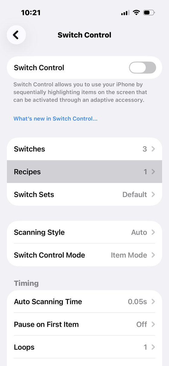 Switch Control menu with Recipes highlighted