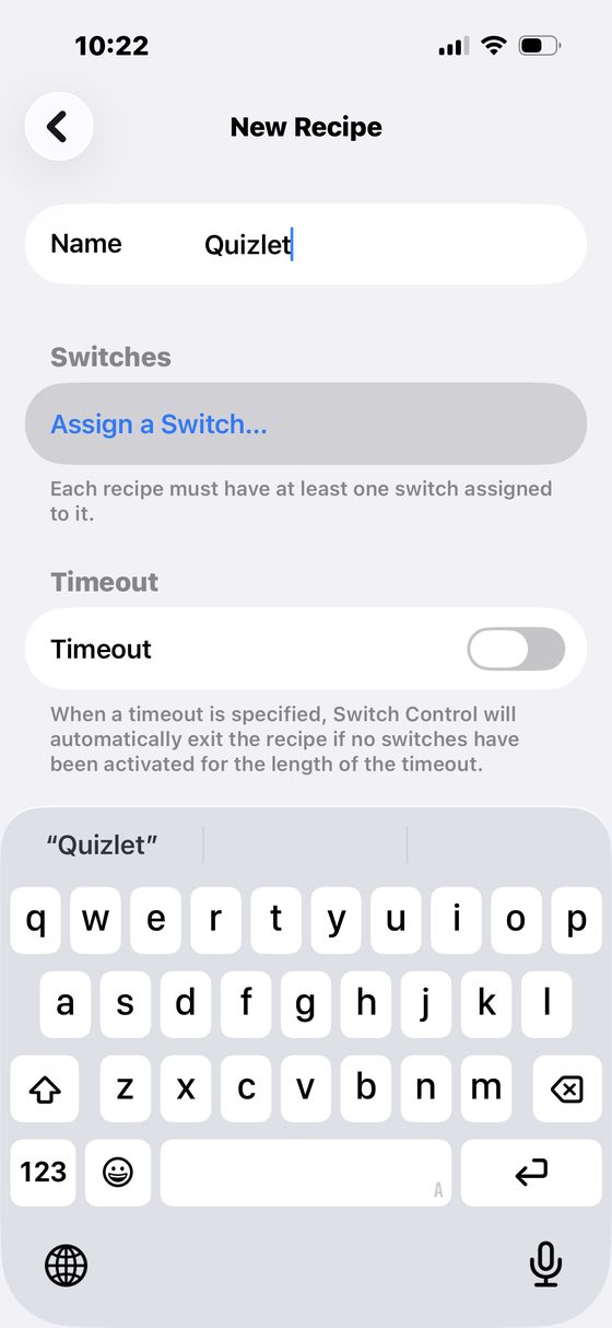 New Recipe named Quizlet with Assign a Switch