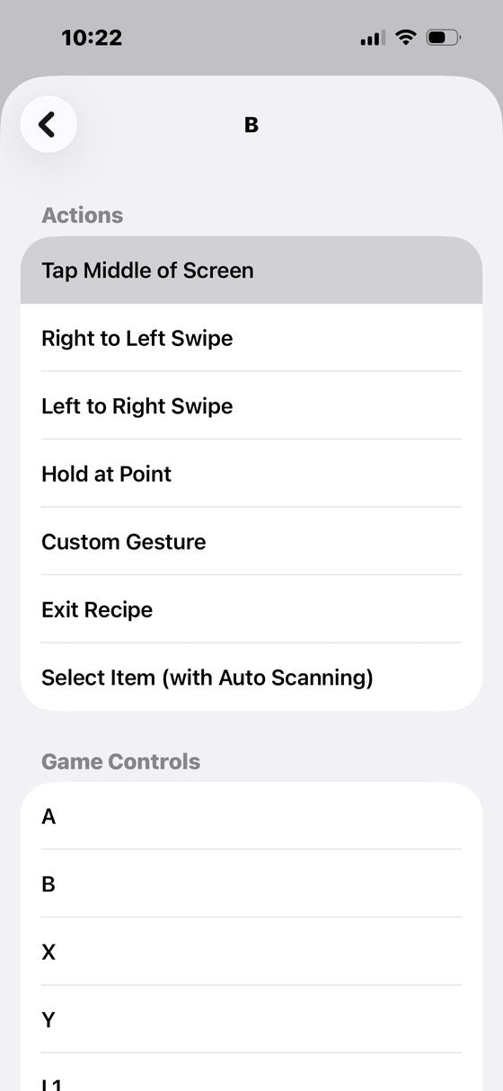 Action list with Tap Middle of Screen and swipe options