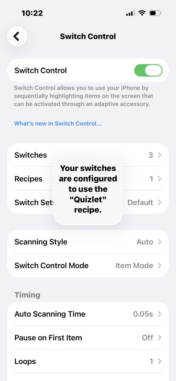 Switch Control on, confirming the Quizlet recipe is active